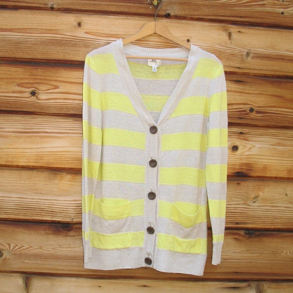 Yellow Tan Striped Long Sleeve Linen Button a cardigan Sweater Knit S